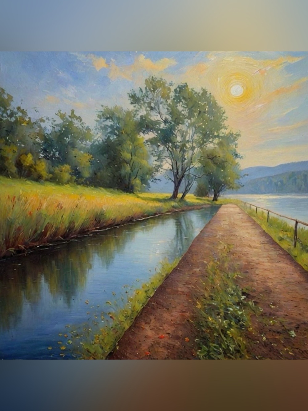 Sunlit Riverside Pathway Landscape Paper Print - Green & Blue